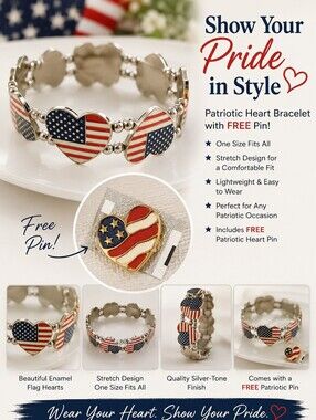 Patriotic Heart Bracelet with Free Pin - Silver-Tone Red, White & Blue